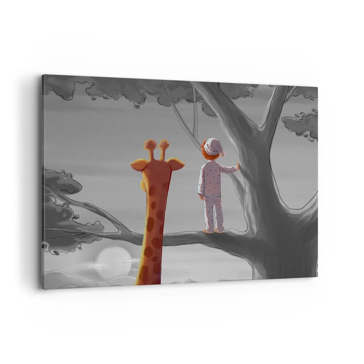 Impression sur toile - Image sur toile - Un enfant et une girafe sur une branche d'arbre dans un paysage de conte de fées - 100x70cm - Cela arrive vraiment - Décoration murale moderne pour le salon et la chambre ARTTOR