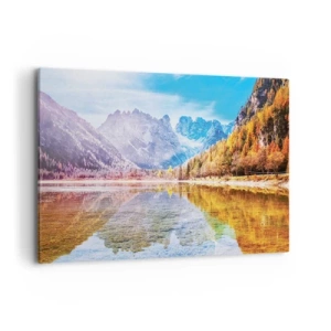 Impression sur toile - Image sur toile - Paysage de montagne d'automne avec un lac - 100x70cm - C'est déjà le printemps à la montagne - Décoration murale moderne pour le salon et la chambre ARTTOR