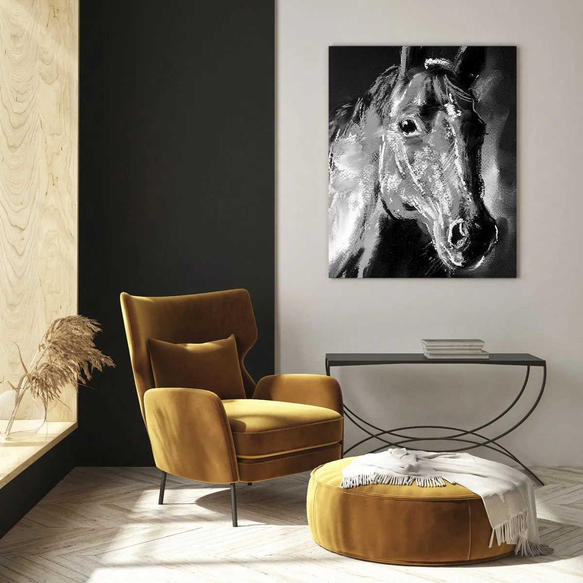 Impression sur verre - Image sur verre - Portrait d'un cheval dans les tons de noir et blanc sur fond sombre - 50x70cm - L'éclat d'une âme noble - Décoration murale moderne pour le salon et la chambre ARTTOR