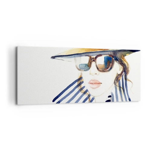 Impression sur toile - Image sur toile - Portrait d'une femme portant un chapeau et des lunettes de soleil - 120x50cm - La Floride vous souhaite la bienvenue ! - Décoration murale moderne pour le salon et la chambre ARTTOR