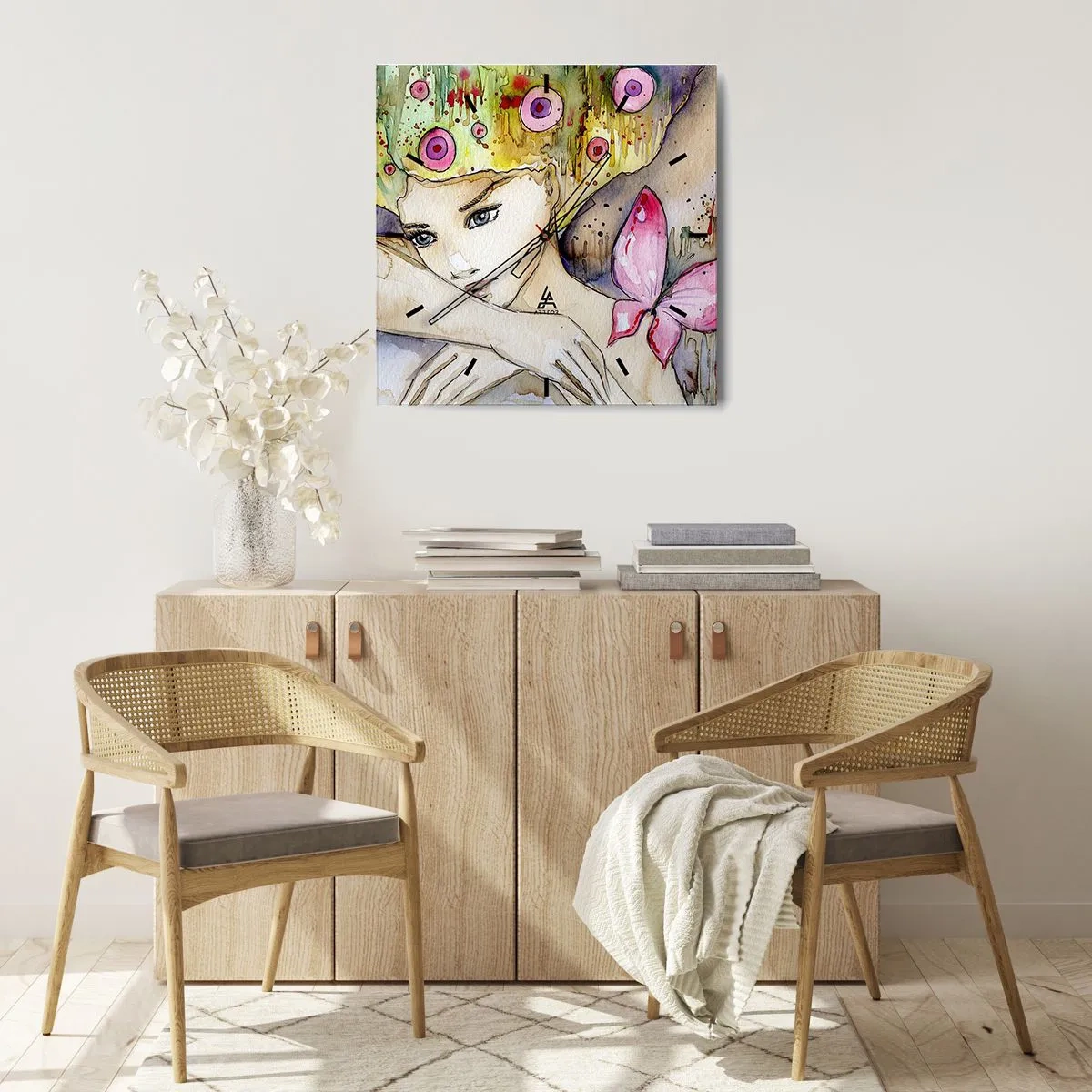 Horloge murale - Pendule murale - Une femme avec une coiffure abstraite et un papillon rose - 30x30cm - La princesse papillon - Décoration murale moderne pour le salon et la chambre ARTTOR