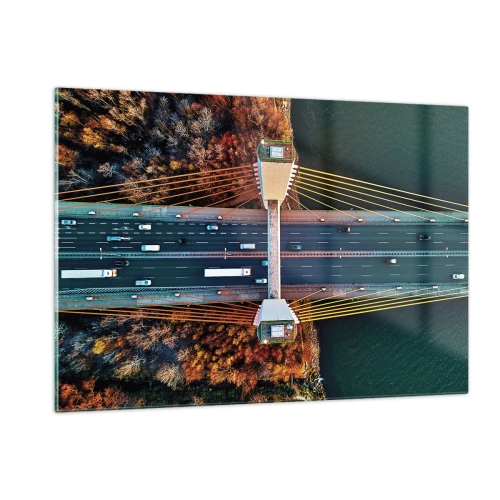 Impression sur verre - Image sur verre - Vue aérienne du pont avec une disposition symétrique des câbles et des voitures - 120x80cm - Au dessus de l'eau et de la forêt - Décoration murale moderne pour le salon et la chambre ARTTOR