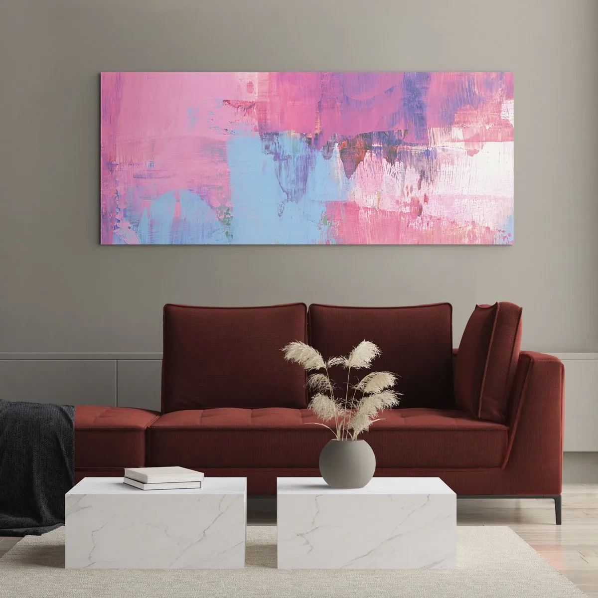 Impression sur verre - Image sur verre - Composition abstraite en rose et bleu - 160x50cm - Du rose, du bleu et une pincée de lumière - Décoration murale moderne pour le salon et la chambre ARTTOR