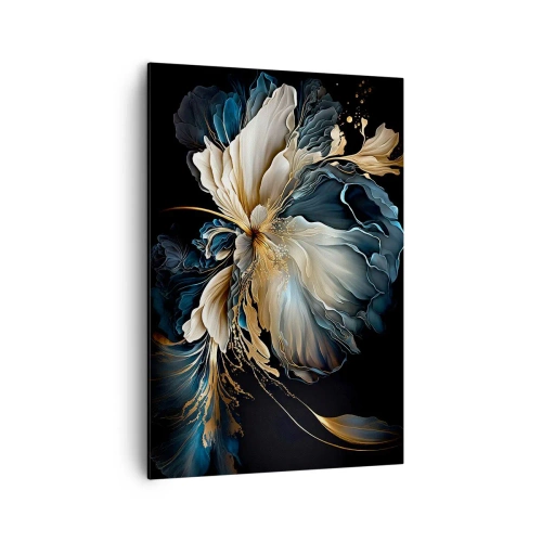 Impression sur toile - Image sur toile - Une fleur dans les tons or et bleu marine sur fond noir - 70x100cm - Fleur de fougère de conte de fées - Décoration murale moderne pour le salon et la chambre ARTTOR