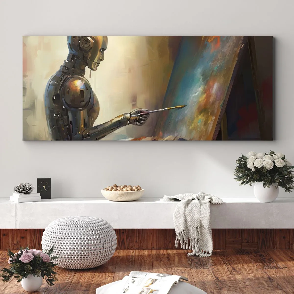 Impression sur toile - Image sur toile - Un robot peignant sur une toile dans un style artistique - 160x50cm - L'art du futur - Décoration murale moderne pour le salon et la chambre ARTTOR