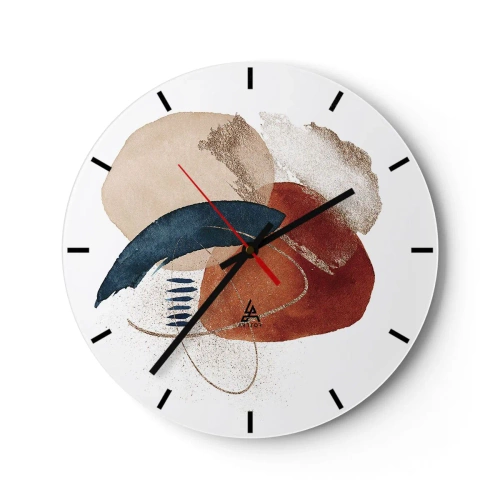 Horloge murale - Pendule murale - Taches abstraites dans les tons beige, bleu marine et terre cuite - 30x30cm - Composition ovale - Décoration murale moderne pour le salon, la cuisine et la chambre ARTTOR