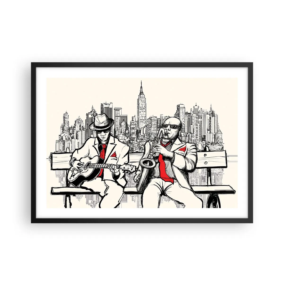 Affiche dans un cadre noir - Poster - Un duo de jazz avec saxophone et guitare sur fond de ville - 70x50cm - improvisation new-yorkaise - Décoration murale moderne pour le salon et la chambre ARTTOR