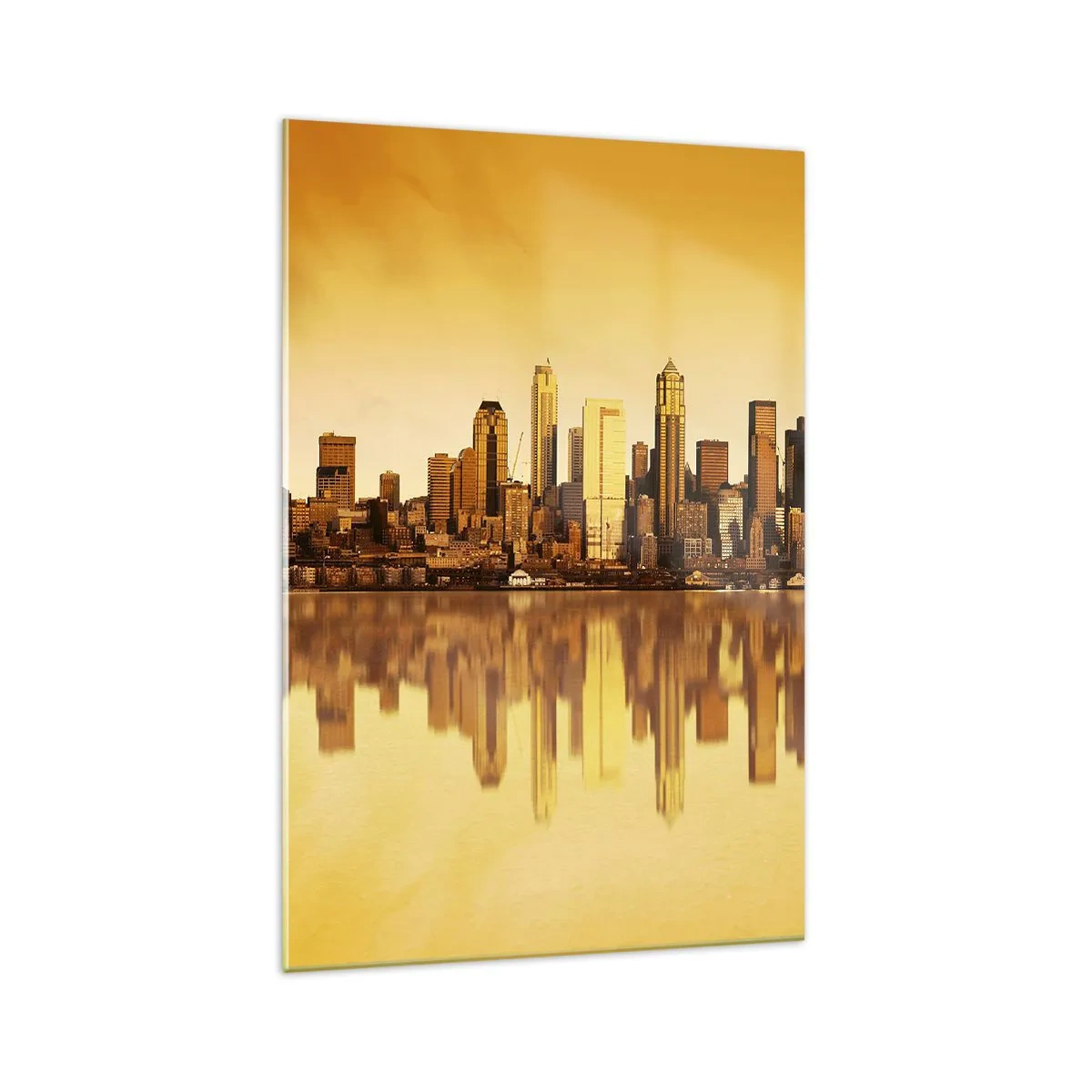 Impression sur verre - Image sur verre - Panorama de la ville reflété dans l'eau au coucher du soleil - 70x100cm - Le silence de la métropole - Décoration murale moderne pour le salon et la chambre ARTTOR