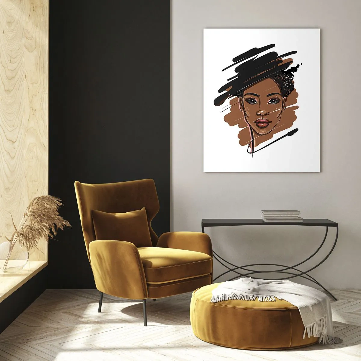 Impression sur verre - Image sur verre - Portrait d'une femme noire dans un style de croquis de mode - 50x70cm - Doux comme le chocolat - Décoration murale moderne pour le salon et la chambre ARTTOR