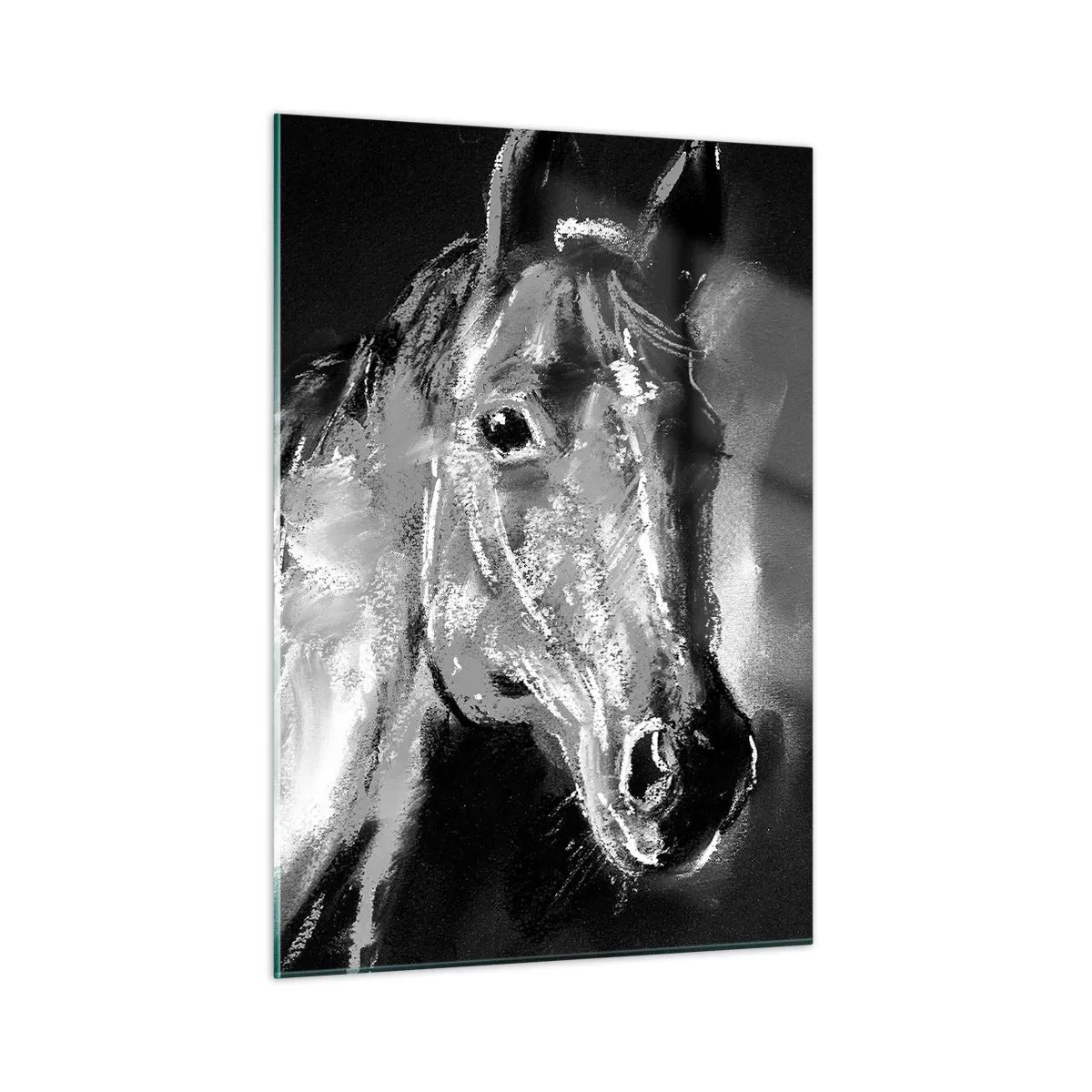 Impression sur verre - Image sur verre - Portrait d'un cheval dans les tons de noir et blanc sur fond sombre - 50x70cm - L'éclat d'une âme noble - Décoration murale moderne pour le salon et la chambre ARTTOR