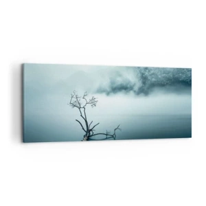 Impression sur toile - Image sur toile - Un arbre solitaire dans l'eau entouré de brouillard et de montagnes - 120x50cm - D'eau et de brouillard - Décoration murale moderne pour le salon et la chambre ARTTOR