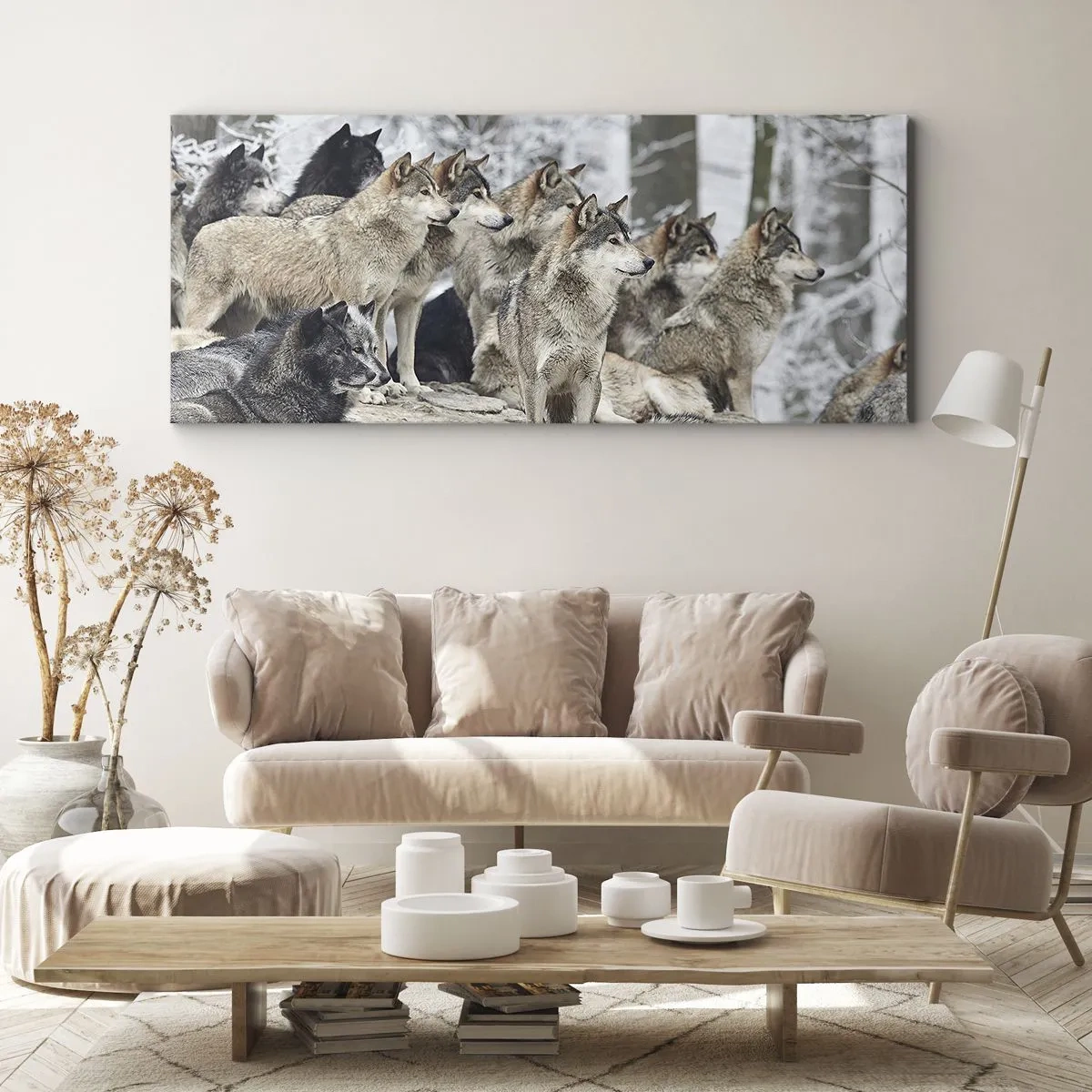 Impression sur toile - Image sur toile - Une meute de loups dans la forêt d'hiver - 120x50cm - Famille et amis - Décoration murale moderne pour le salon et la chambre ARTTOR