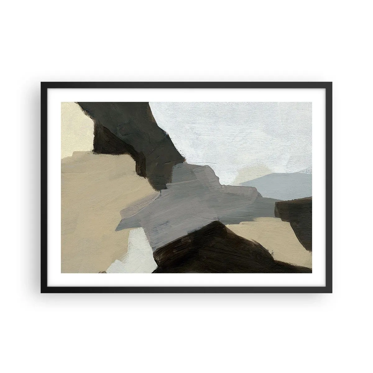 Affiche dans un cadre noir - Poster - Formes abstraites dans les tons beige, marron et gris - 70x50cm - Abstraction : le carrefour du gris - Décoration murale moderne pour le salon et la chambre ARTTOR