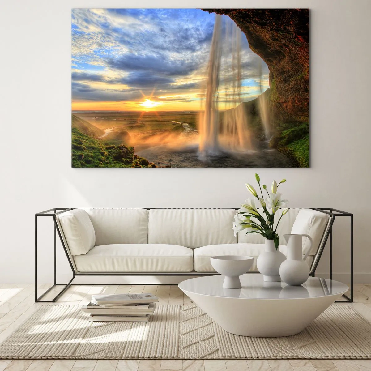 Impression sur verre - Image sur verre - Cascade avec vue sur le coucher de soleil et la vallée - 120x80cm - Le monde derrière un voile de gouttes - Décoration murale moderne pour le salon et la chambre ARTTOR