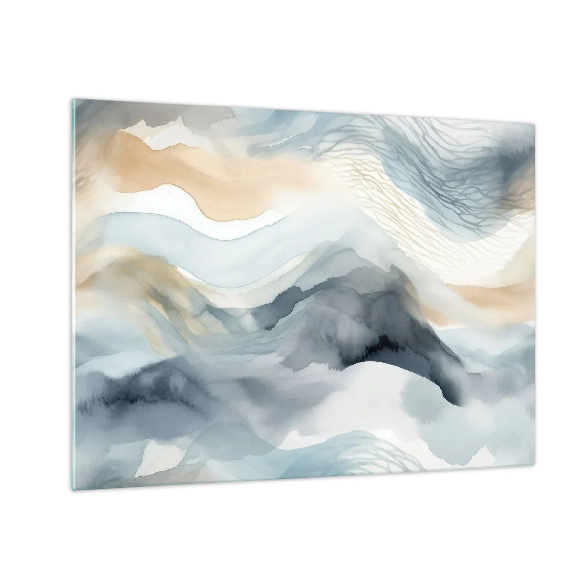 Impression sur verre - Image sur verre - Vagues abstraites dans les tons beige et bleu - 70x50cm - Abstraction enneigée et brumeuse - Décoration murale moderne pour le salon et la chambre ARTTOR