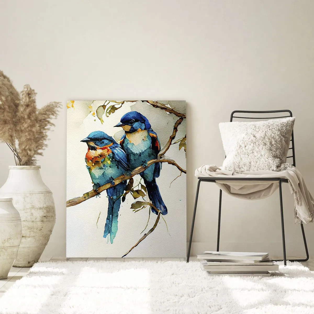 Impression sur verre - Image sur verre - Trois oiseaux colorés sur une branche dans un style aquarelle - 80x120cm - A-t-il été offensé ? - Décoration murale moderne pour le salon et la chambre ARTTOR