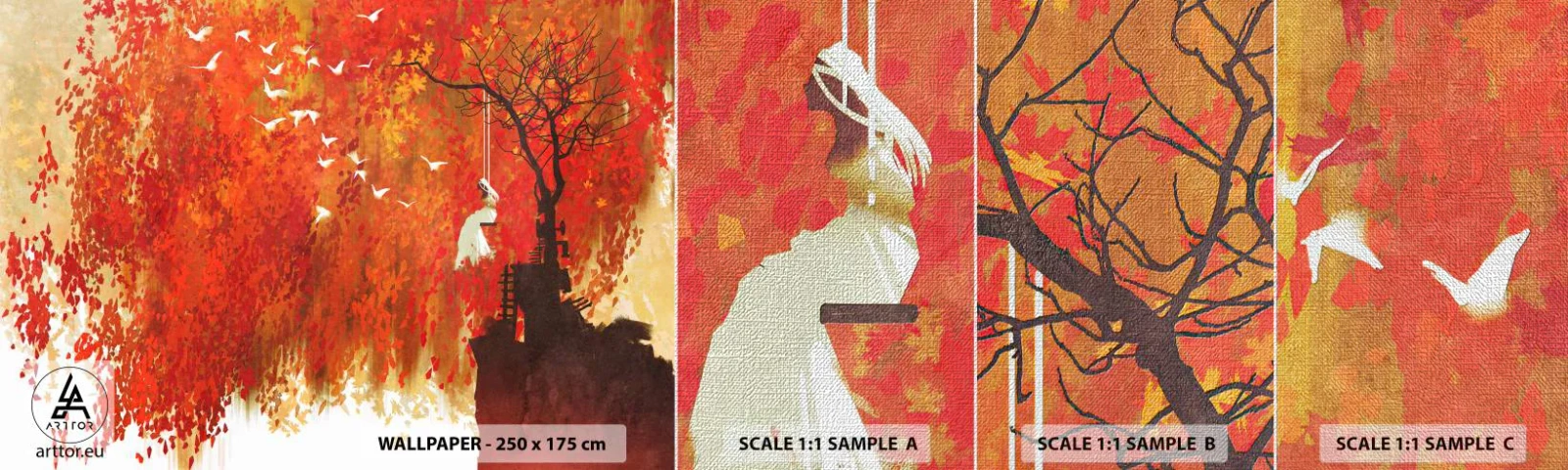 Échantillon de Papier Peint Premium Canvas - S'envolera-t-il avec eux ? - Abstraction, Femme, Des oiseaux - 100x30 cm