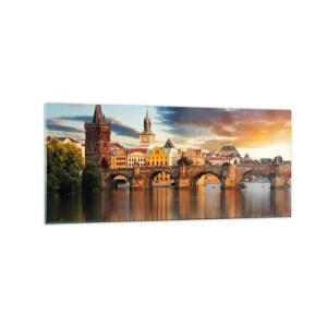 Impression sur verre - Image sur verre - Le pont historique sur la rivière à la lumière du soleil couchant - 120x50cm - Belle depuis des lustres - Décoration murale moderne pour le salon et la chambre ARTTOR