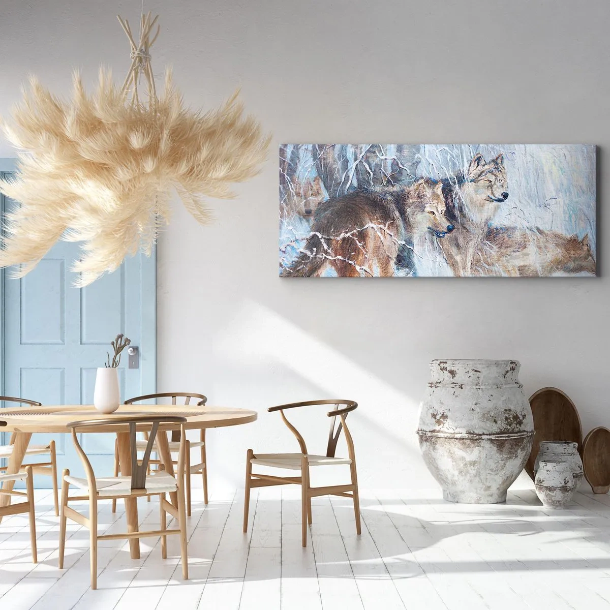 Impression sur toile - Image sur toile - Loups dans une forêt hivernale sur fond de neige - 120x50cm - Attention! Ca arrive ... - Décoration murale moderne pour le salon et la chambre ARTTOR