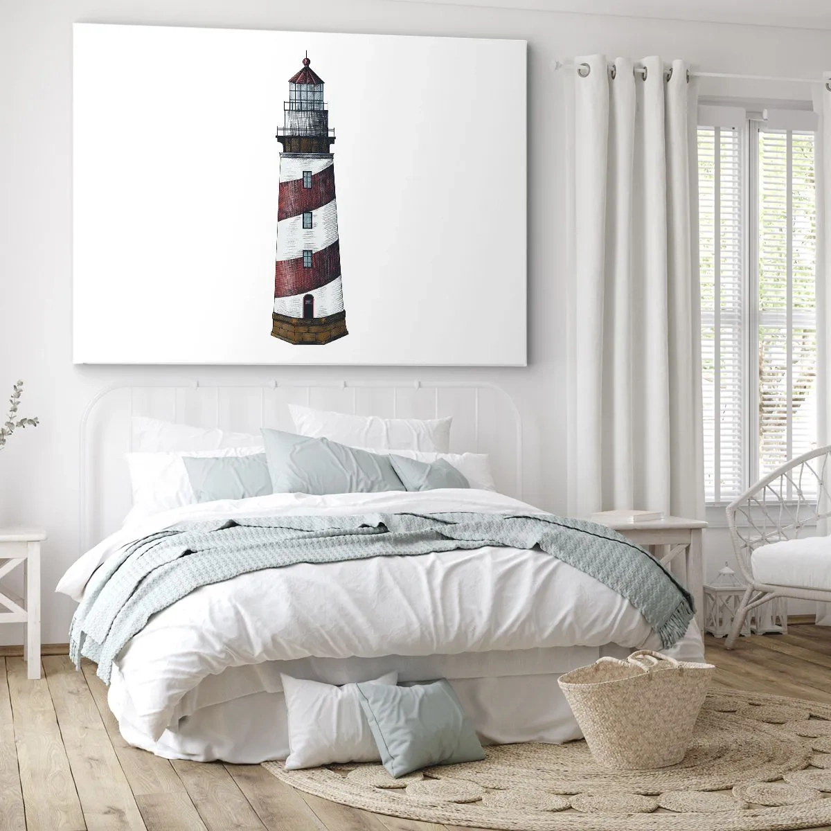 Impression sur toile - Image sur toile - Une image de dessin animé d'un phare avec des rayures rouges et blanches sur un fond minimaliste. - 100x70cm - Toujours sur ses gardes - Décoration murale moderne pour le salon et la chambre ARTTOR