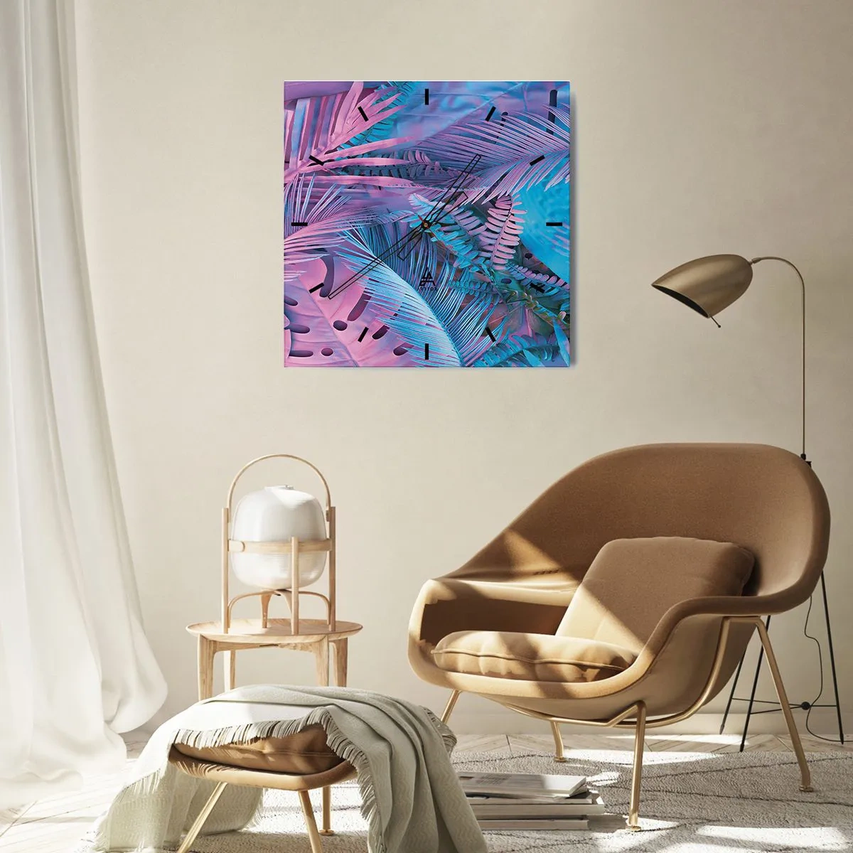 Horloge murale - Pendule murale - Les tropiques en rose et bleu - 30x30 cm