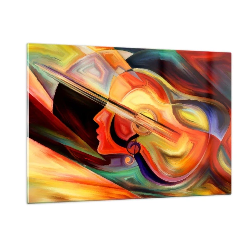 Impression sur verre - Image sur verre - Portrait abstrait avec une guitare et des notes de musique en arrière-plan - 120x80cm - Tout va bien - Décoration murale moderne pour le salon et la chambre ARTTOR