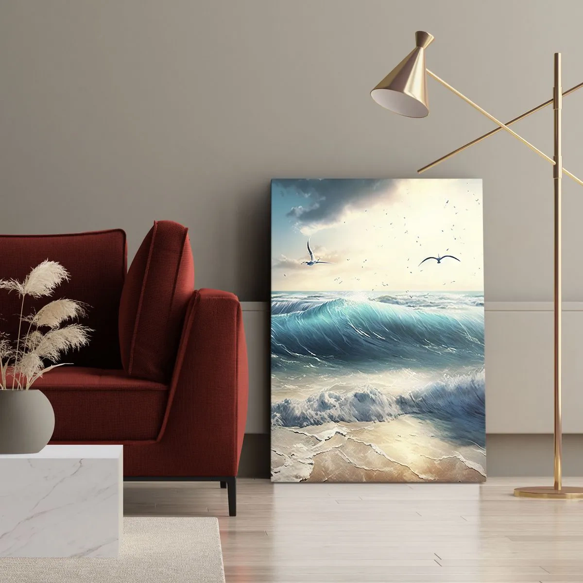 Impression sur toile - Image sur toile - Vagues de la mer sur la plage sous un ciel bleu avec des mouettes - 70x100cm - Ça bourdonne seulement pour toi - Décoration murale moderne pour le salon et la chambre ARTTOR