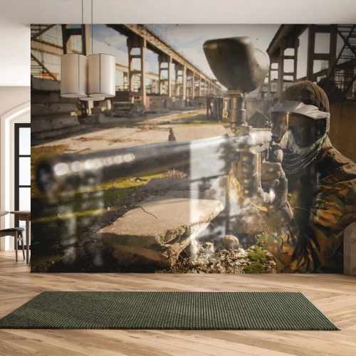 Papier Peint Photo Premium Canvas - Un joueur de paintball en tenue de camouflage visant un marqueur - 100x70cm - Et vous pouvez devenir un héros - Décoration murale moderne pour le salon et la chambre ARTTOR
