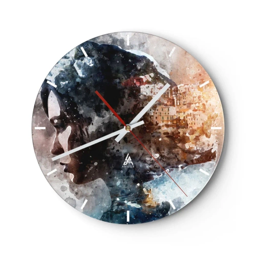 Horloge murale - Pendule murale - Portrait abstrait avec effet aquarelle - 30x30cm - L'histoire d'une fille avec une ville en arrière-plan - Décoration murale moderne pour le salon, la cuisine et la chambre ARTTOR
