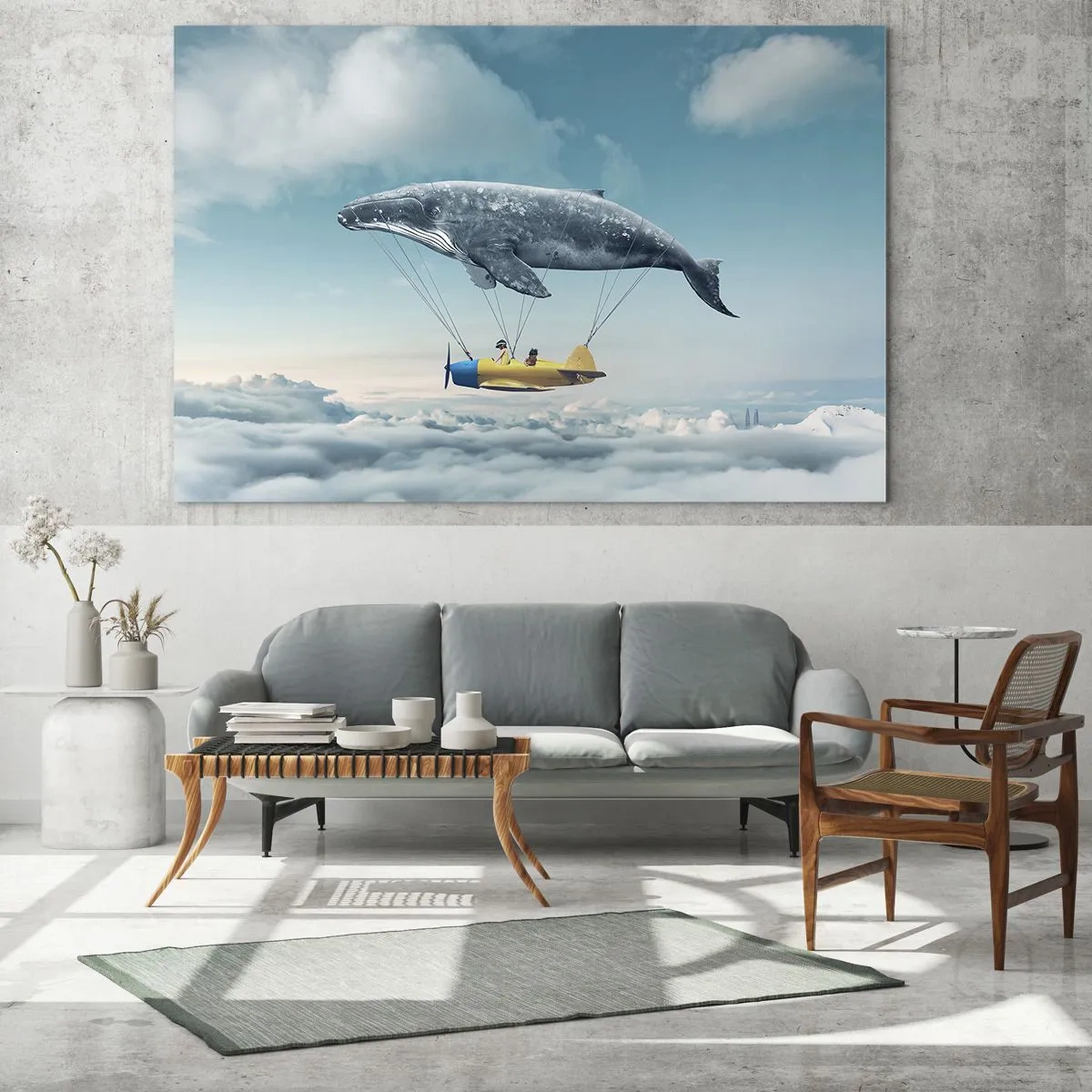 Impression sur verre - Image sur verre - Une baleine soulève un avion au-dessus des nuages dans un décor surréaliste. - 100x70cm - Pourquoi pas? - Décoration murale moderne pour le salon et la chambre ARTTOR