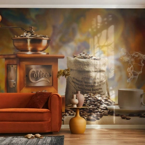Papier Peint Photo Standard Eco - Un moulin à café, un sac de grains et une tasse de café fumant - 100x70cm - Le craquement des grains, le cliquetis d'un moulin - Décoration murale moderne pour le salon et la chambre ARTTOR