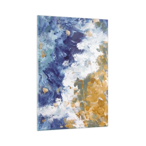 Impression sur verre - Image sur verre - Abstraction dans les tons de bleu, blanc et or - 80x120cm - Danse des éléments - Décoration murale moderne pour le salon et la chambre ARTTOR