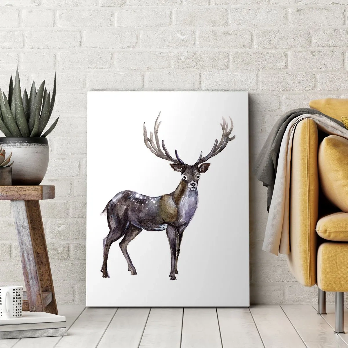 Impression sur toile - Image sur toile - Illustration à l'aquarelle d'un cerf aux bois majestueux - 50x70cm - Roi de la forêt du nord - Décoration murale moderne pour le salon et la chambre ARTTOR