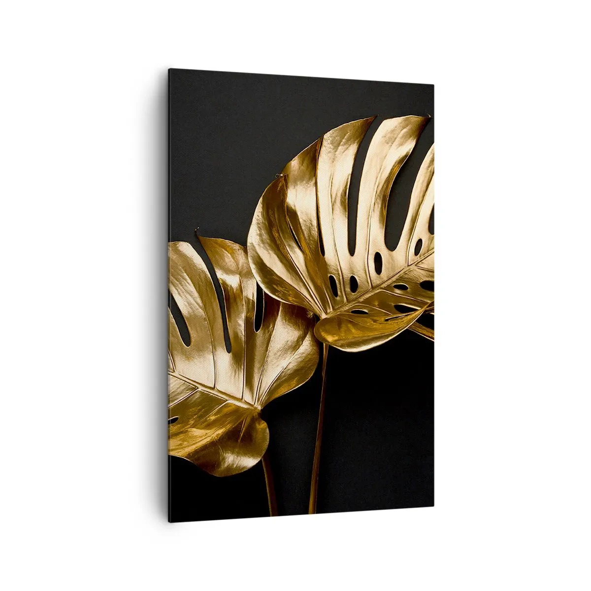 Impression sur toile - Image sur toile - Feuilles de monstera dorées sur fond noir - 80x120cm - Les trésors de la nature - Décoration murale moderne pour le salon et la chambre ARTTOR