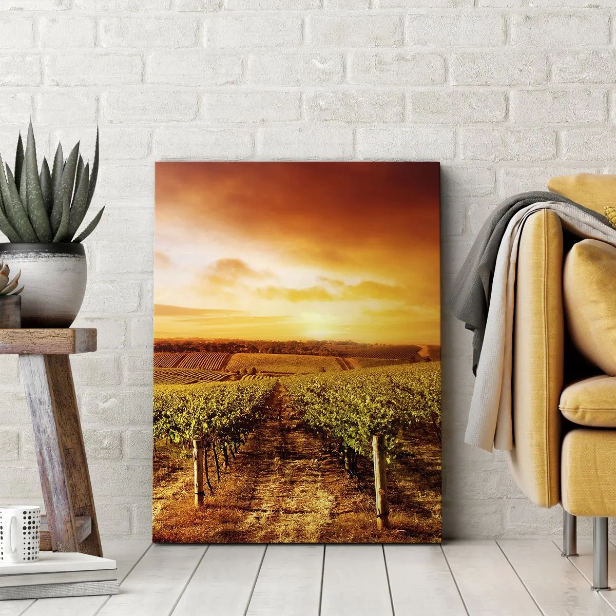 Impression sur toile - Image sur toile - Vignoble au coucher du soleil avec des tons de ciel chauds - 70x100cm - Légèrement fruité avec une pointe de soleil - Décoration murale moderne pour le salon et la chambre ARTTOR