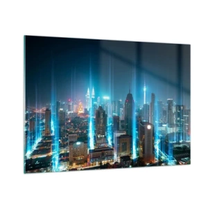 Impression sur verre - Image sur verre - Une ville nocturne avec de grands immeubles et des traînées lumineuses - 100x70cm - À Berlin au paradis - Décoration murale moderne pour le salon et la chambre ARTTOR