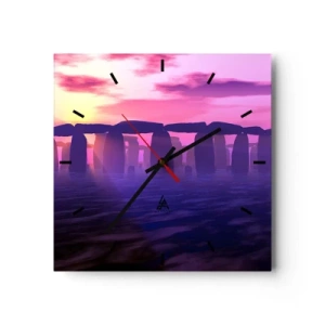 Horloge murale - Pendule murale - Cercle de pierres au coucher du soleil avec un ciel violet - 30x30cm - Mystère à l'aube dans le brouillard - Décoration murale moderne pour le salon et la chambre ARTTOR