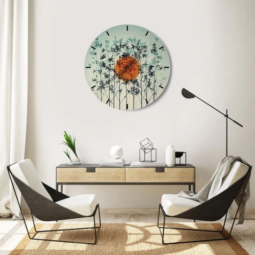 Horloge murale - Pendule murale - Feuilles de bambou contre le soleil orange et le ciel lumineux - 30x30cm - Soleil japonnais - Décoration murale moderne pour le salon, la cuisine et la chambre ARTTOR