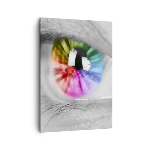 Impression sur toile - Image sur toile - Prise de vue artistique d'un œil avec un iris arc-en-ciel sur fond gris - 50x70cm - Regarde le monde en couleur - Décoration murale moderne pour le salon et la chambre ARTTOR