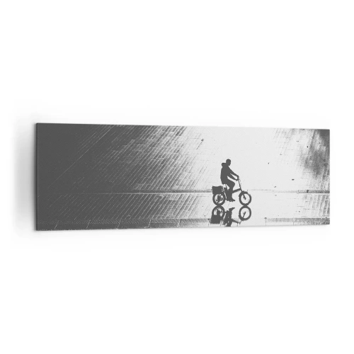 Impression sur toile - Image sur toile - Silhouette noire et blanche d'un cycliste sur une rue mouillée - 160x50cm - Devant moi, à travers la ville - Décoration murale moderne pour le salon et la chambre ARTTOR