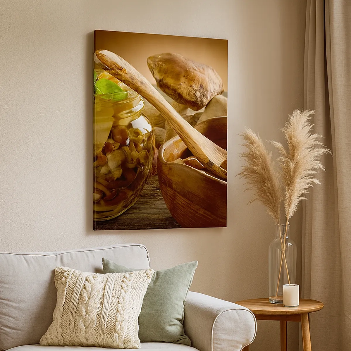 Impression sur toile - Image sur toile - Champignons naturels dans un bocal sur une table rustique - 50x70cm - Que ce soit frais ou salé, ou en automne... - Décoration murale moderne pour le salon et la chambre ARTTOR