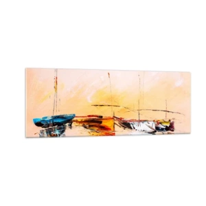 Impression sur verre - Image sur verre - Bateaux colorés sur une eau calme au coucher du soleil - 140x50cm - Soirée à la marina - Décoration murale moderne pour le salon et la chambre ARTTOR