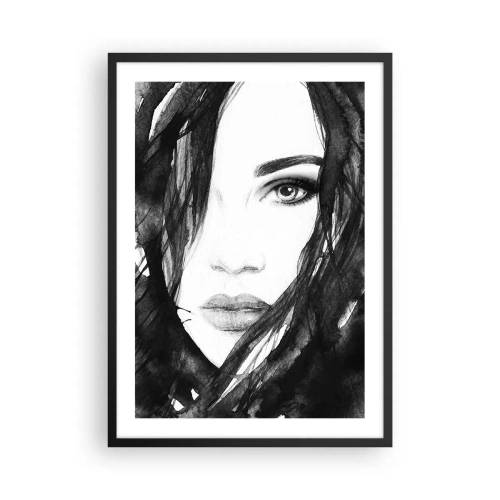 Affiche dans un cadre noir - Poster - Aquarelle noir et blanc d'un visage de femme - 50x70cm - Portrait d'une dame en noir et blanc - Décoration murale moderne pour le salon et la chambre ARTTOR
