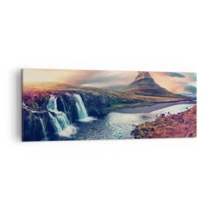 Impression sur toile - Image sur toile - Vue de la cascade et de la montagne à la lumière du soleil couchant - 140x50cm - Dans la majesté de la nature - Décoration murale moderne pour le salon et la chambre ARTTOR