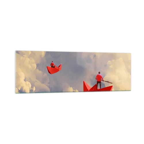 Impression sur verre - Image sur verre - Bateaux en papier rouges flottant dans les nuages - 160x50cm - Expédition des Rêveurs - Décoration murale moderne pour le salon et la chambre ARTTOR
