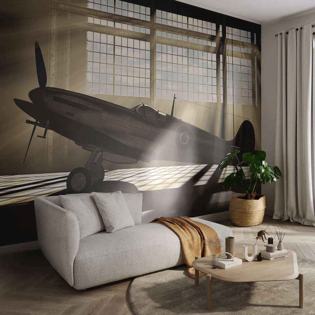 Papier Peint Autocollant Deluxe Sticker - Le repos du guerrier - Avion, Hangar d'aviation, Avion - 250x175 cm