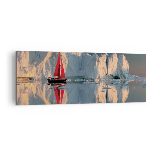 Impression sur toile - Image sur toile - Un voilier avec une voile rouge sur fond de glacier - 140x50cm - Aux limites du monde - Décoration murale moderne pour le salon et la chambre ARTTOR