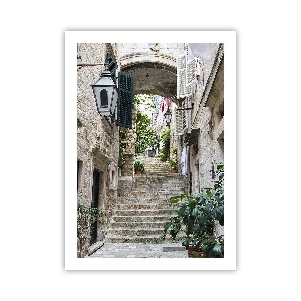 Affiche - Poster - Une rue pittoresque en pierre avec des escaliers et de la végétation - 50x70cm - Une charmante ruelle - Décoration murale moderne pour le salon et la chambre ARTTOR