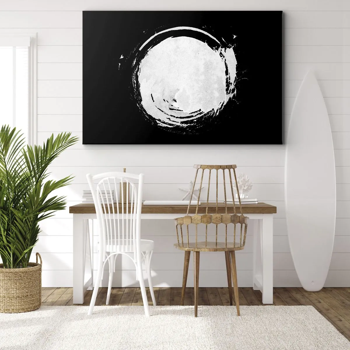 Impression sur toile - Image sur toile - Un cercle blanc sur fond noir dans un style minimaliste. - 120x80cm - Belle sortie - Décoration murale moderne pour le salon et la chambre ARTTOR