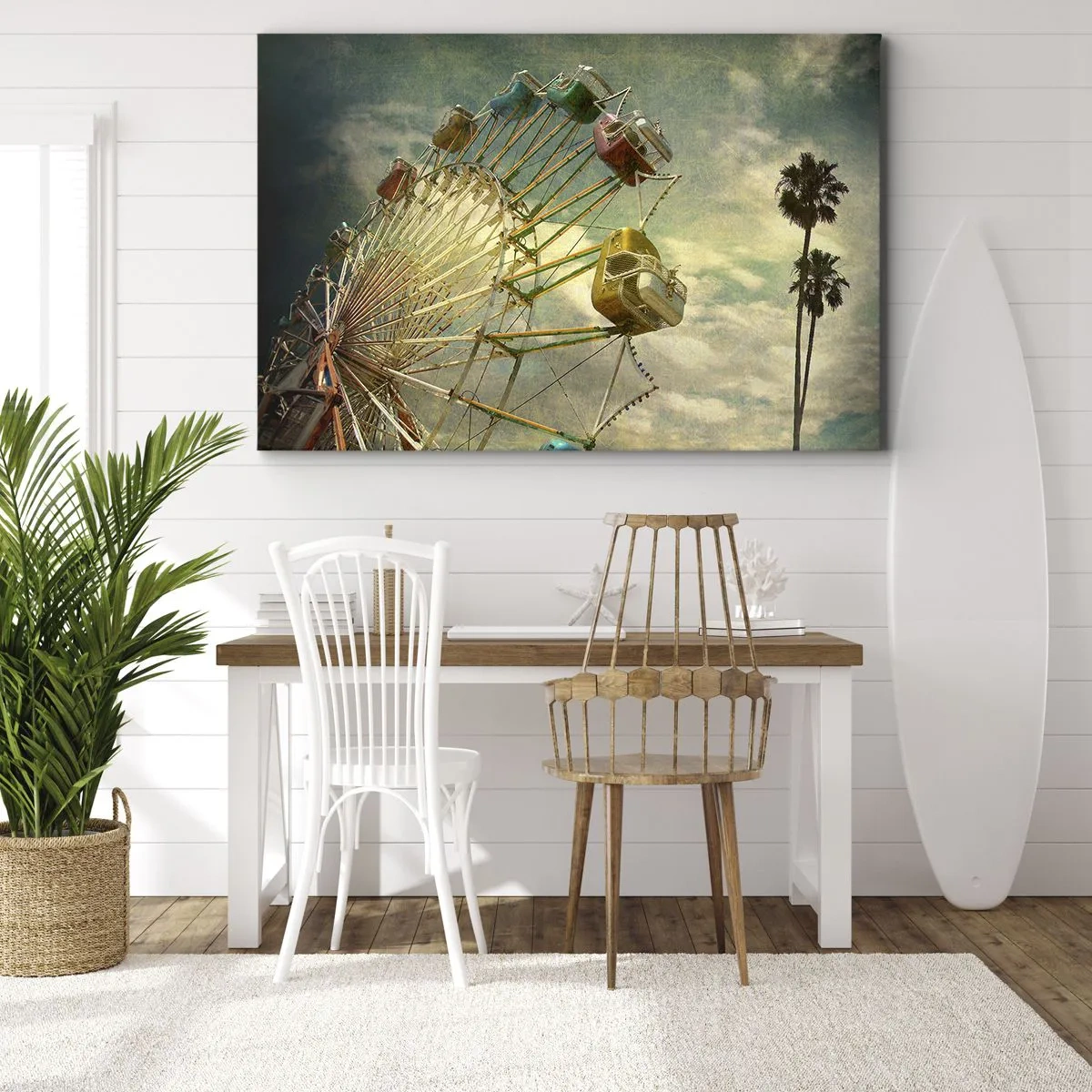 Impression sur toile - Image sur toile - Photo rétro d'une grande roue avec des palmiers contre le ciel - 100x70cm - On va faire la fête - Décoration murale moderne pour le salon et la chambre ARTTOR